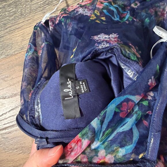 Lulus Stunning Element Navy Floral Mesh Ruffled Strapless Maxi Dress Size S NWOT - Picture 4 of 6